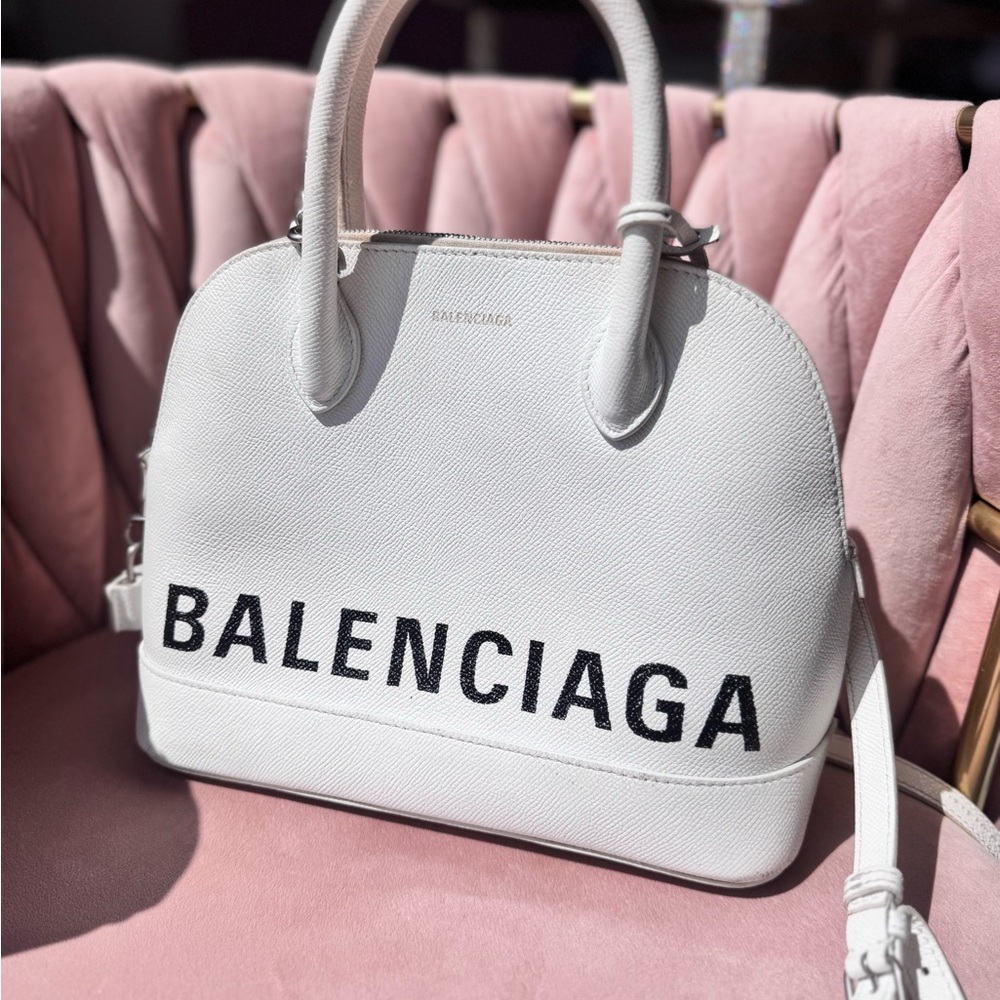 Balenciaga White Dome Satchel with Black Logo